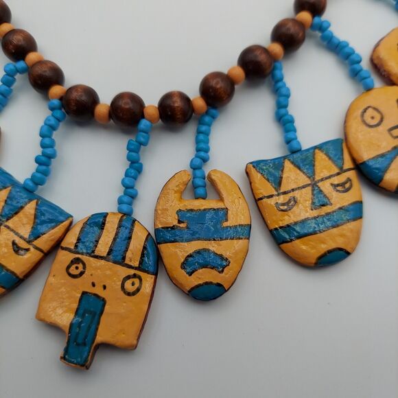 Vtg Hand Painted Wood Face Charm Necklace Southwest Tribal Mask Boho Bead Dangle - Picture 7 of 16